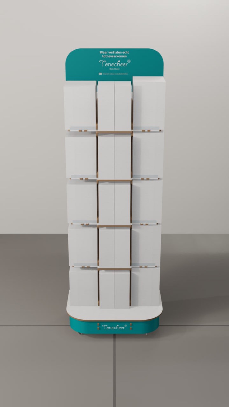 Tonecheer MDF tower filled with book-nook product boxes.